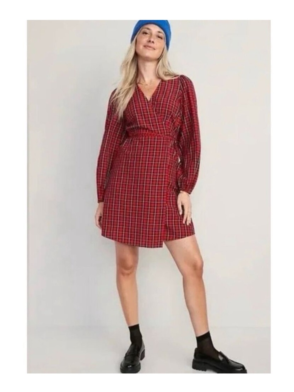 Medium Tall Old Navy Red and Black Plaid Long Sleeve Wrap Dress